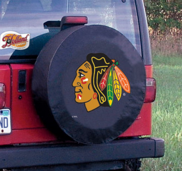 Chicago Blackhawks Logo Jeep Wrangler Tire Cover on Black Vinyl
