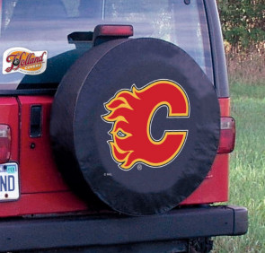 Calgary Flames Logo Jeep Wrangler Tire Cover on Black Vinyl