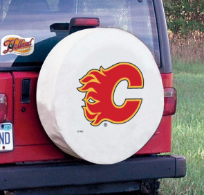Calgary Flames Logo Jeep Wrangler Tire Cover on White Vinyl