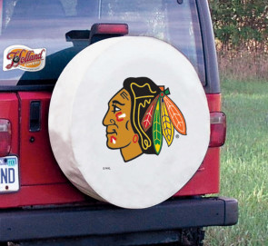 Chicago Blackhawks Logo Spare Jeep Wrangler Tire Cover on White Vinyl