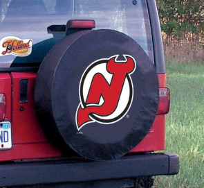 New Jersey Devils Logo Jeep Wrangler Tire Cover on Black Vinyl
