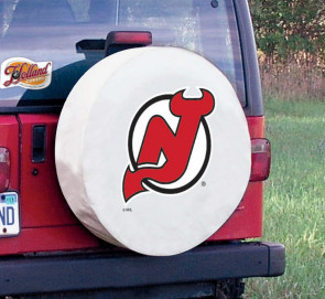 New Jersey Devils Logo Jeep Wrangler Tire Cover on White Vinyl