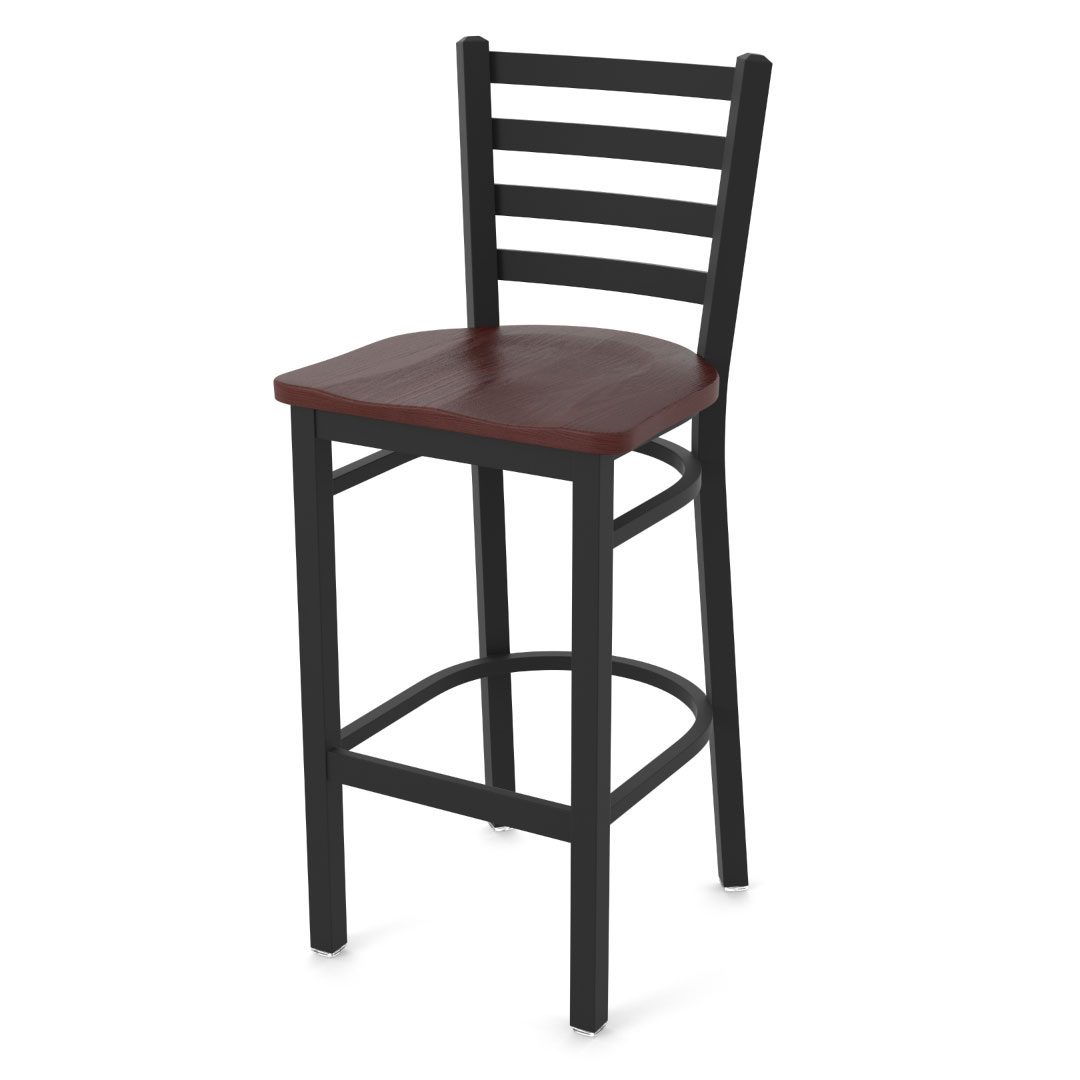 400 Jackie 1 stationary counter bar stool ladder style back black wrinkle frame finish dark cherry oak seat