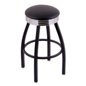 C8B3C backless swivel Bar Stool black frame chrome ribbed accent ring