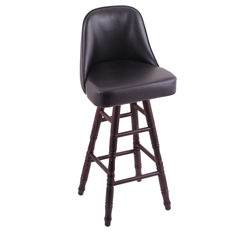 GZ Grizzly 2 swivel Bar Stool dark cherry oak base turned legs black vinyl bucket seat