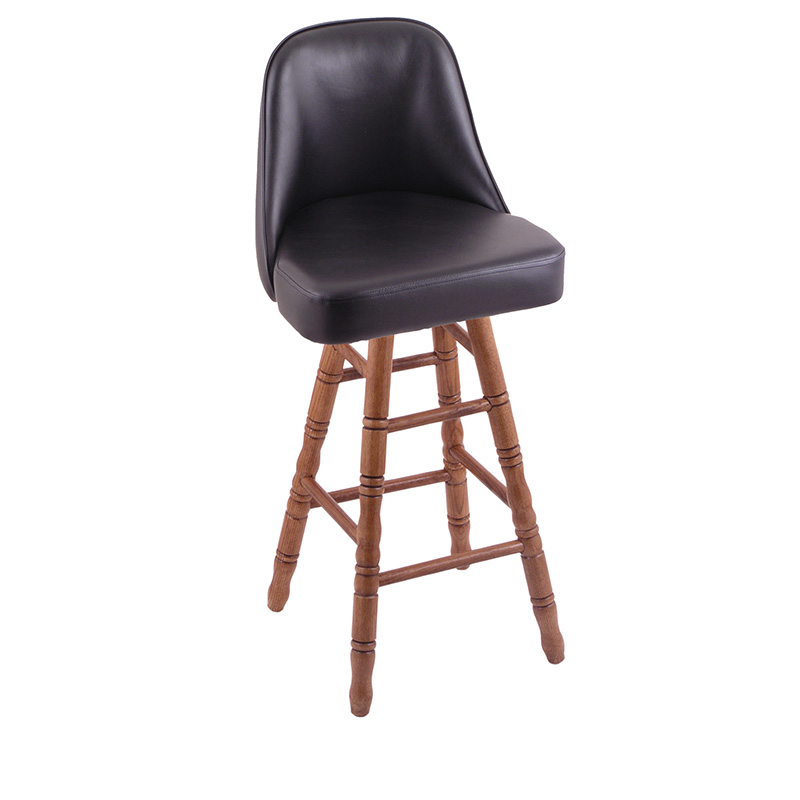 GZ Grizzly 2 swivel Bar Stool medium oak base turned legs black vinyl bucket seat