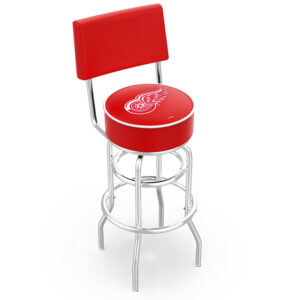 L7C4 backed Bar Stool retro double ring chrome base 4 inch seat Detroit Red Wings logo red vinyl