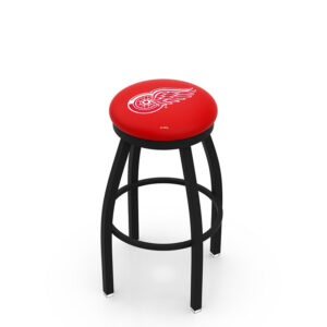 L8B2B backless Bar Stool black frame black accent ring Detroit red Wings logo red vinyl seat