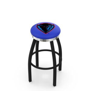 L8B2C backless Bar Stool black frame chrome accent ring DePaul logo blue vinyl seat