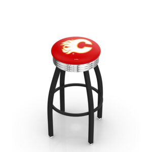 L8B3C backless Bar Stool black frame chrome ribbed accent ring Calgary flames logo red vinyl seat
