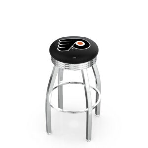 L8C3C Chrome backless Bar Stool with ribbed accent ring Philadelphia Flyers logo on black vinyl