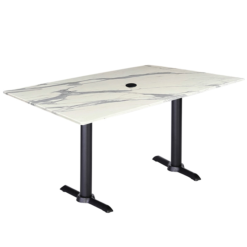OD211 outdoor Table black end bases 30 by 48 white marble euroslim top