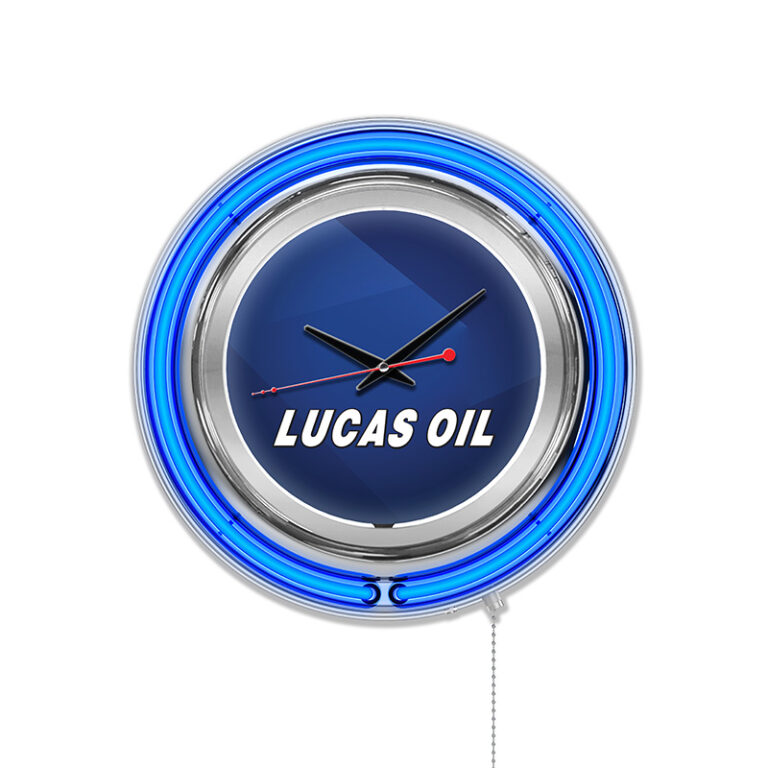 custom promotional 15 inch neon clock chrome case lucas oil logo blue neon