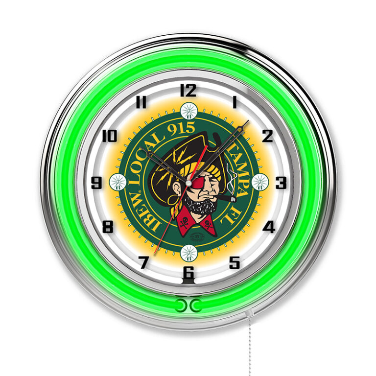 custom promotional 19 inch neon clock chrome case ibew local 915 logo green neon