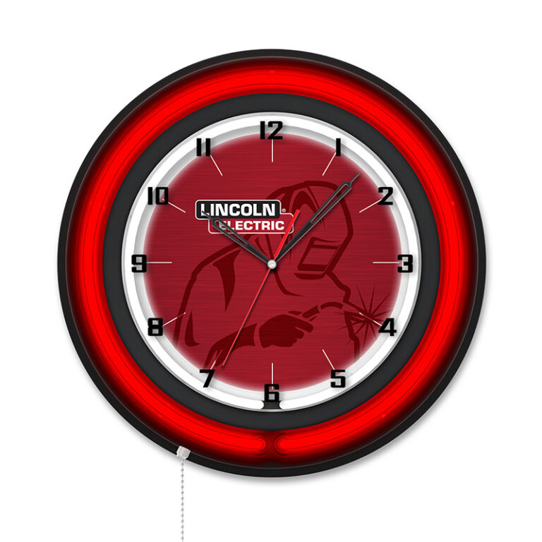 custom promotional 19 inch neon clock matte black case lincoln electric logo red neon