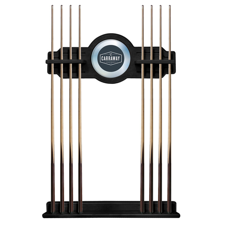 custom promotional cue rack black finish Carraway logo