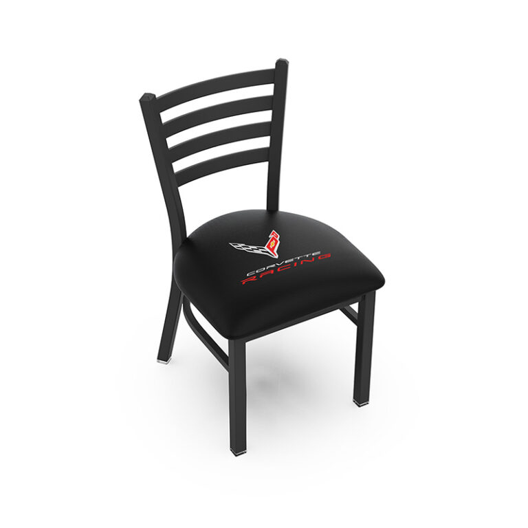custom promotional L004 Jackie 1 chair ladder back black frame corvette racing flag logo black seat