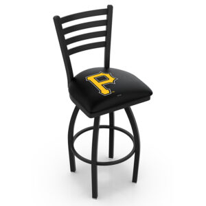 L014 Logo Jackie 2 Counter Bar Stool Ladder Style Back Black Wrinkle Frame Finish Pittsburgh Pirates MLB Logo on Black Vinyl Seat