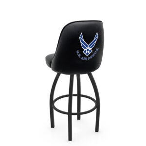 L048 Logo Grizzly 1 Bar Stool Black Wrinkle Finish Black Vinyl Padded Bucket Seat Air Force Logo on Back of Backrest