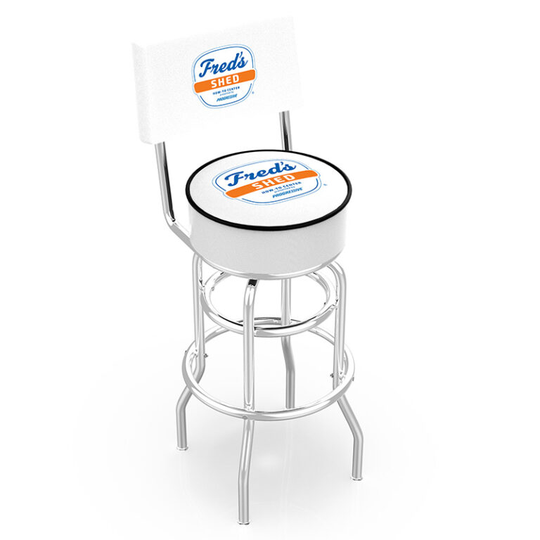 custom promotional L7C4 backed retro stool freds shed logo seat top back rest white vinyl black bead