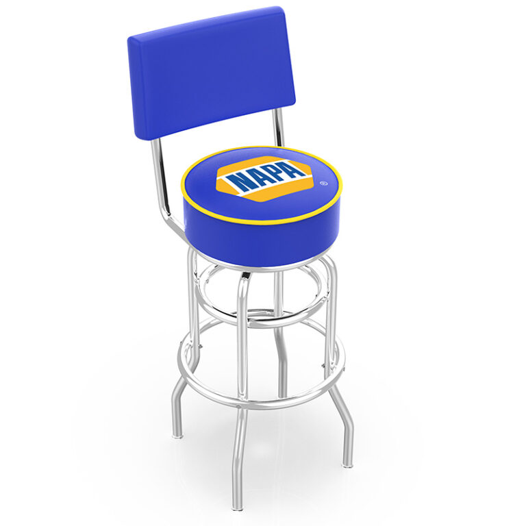 custom promotional L7C4 backed retro stool napa logo blue vinyl yellow accent bead