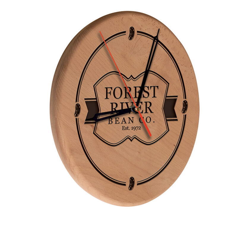 Custom promotional laser engraved wood clock forest river bean co
