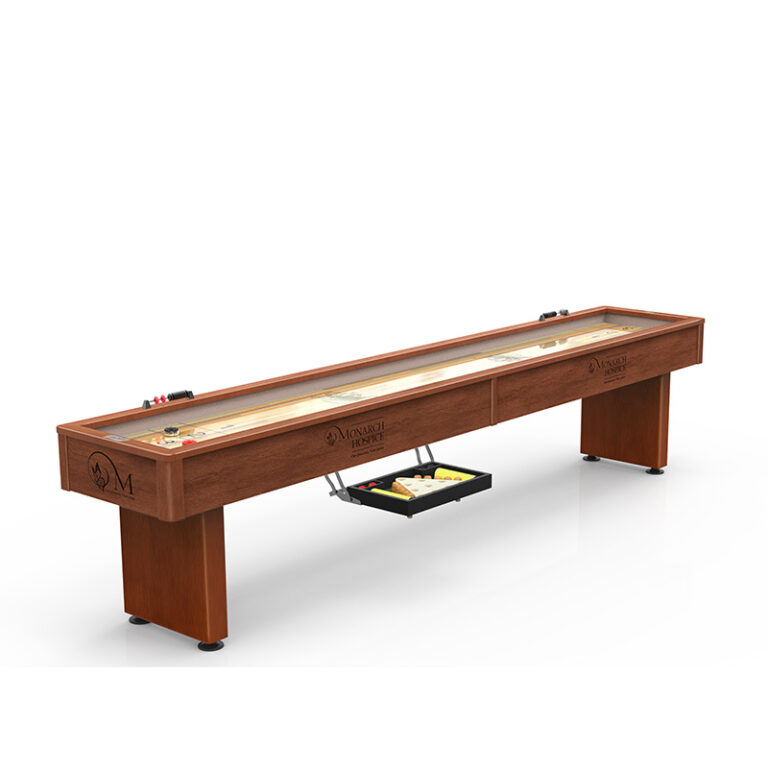 custom promotional Engraved shuffleboard table chardonnay finish monarch hospice logo