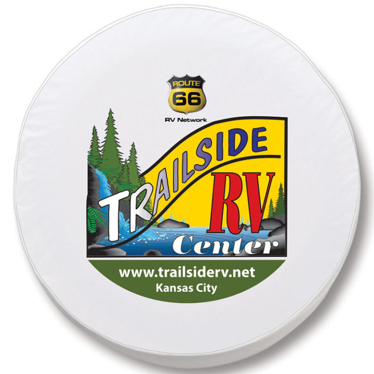 custom promotional white tire cover trailside rv center