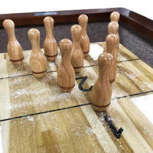 Bowling Pins on Shuffleboard table without rack