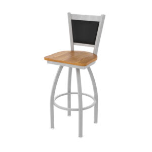 870 Hadleigh Bar Stool Anodized Nickel Frame Medium Oak Seat with Black Vinyl Back Front Angle View